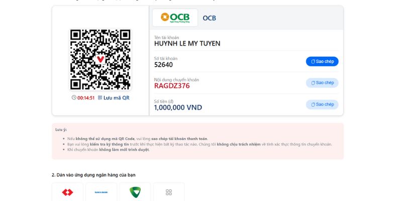 Nếu nạp bằng QR, hãy xác nhận số tiền mà mình muốn giao dịch